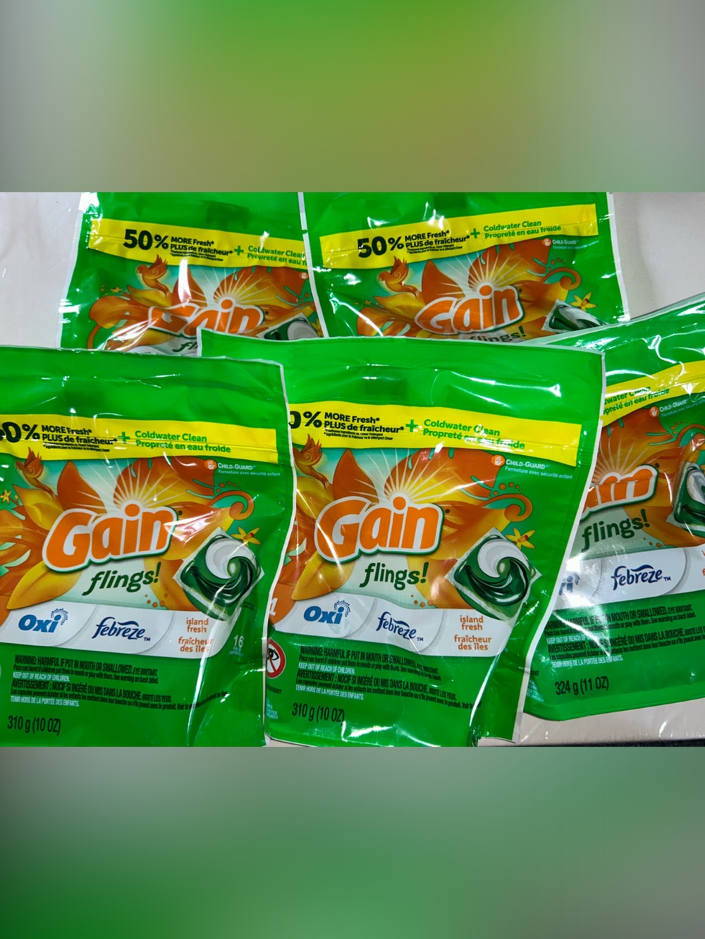 5x Gain Flings! Febreze + Oxi Laundry Detergent Pacs - 16ct each bag